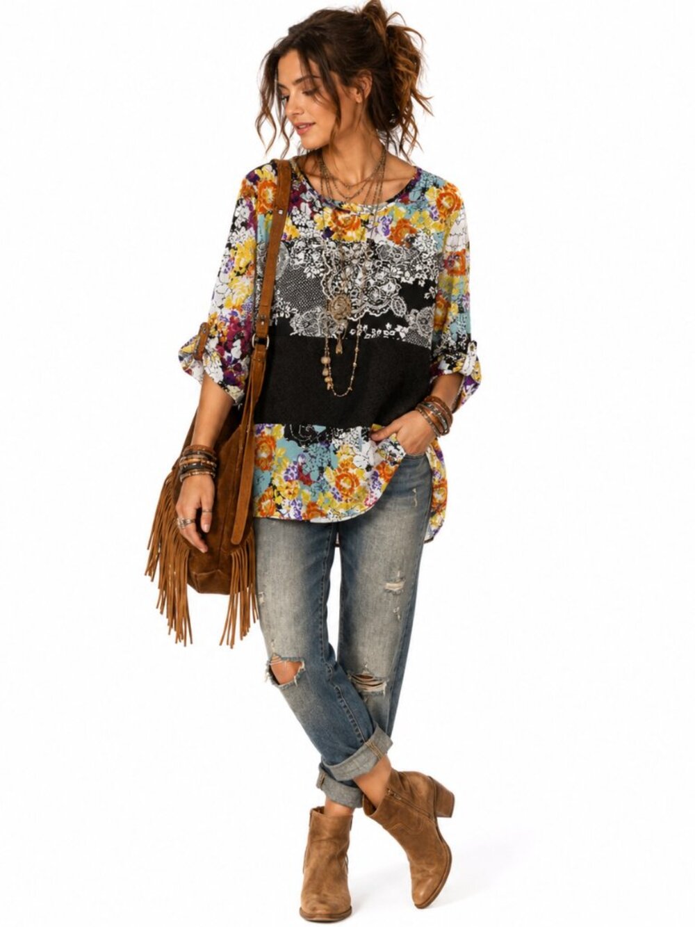 Calessa Blouse Womens L Floral Lace Print‎ 3/4 Sleeve Stretch Boho Artsy